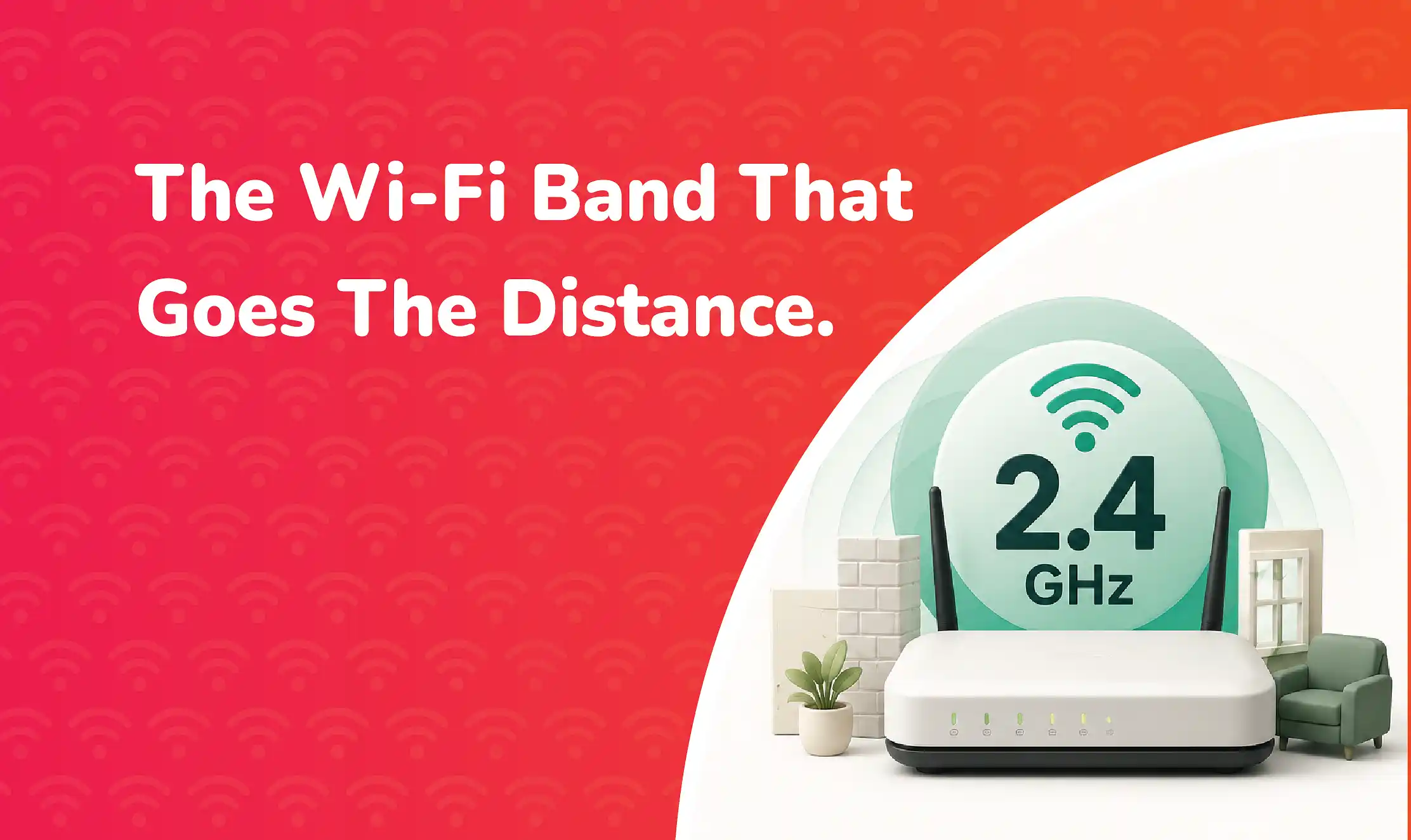 Modern Wi-Fi router with a 2.4GHz signal icon, illustrating the 2.4GHz Wi-Fi band and home wireless coverage.