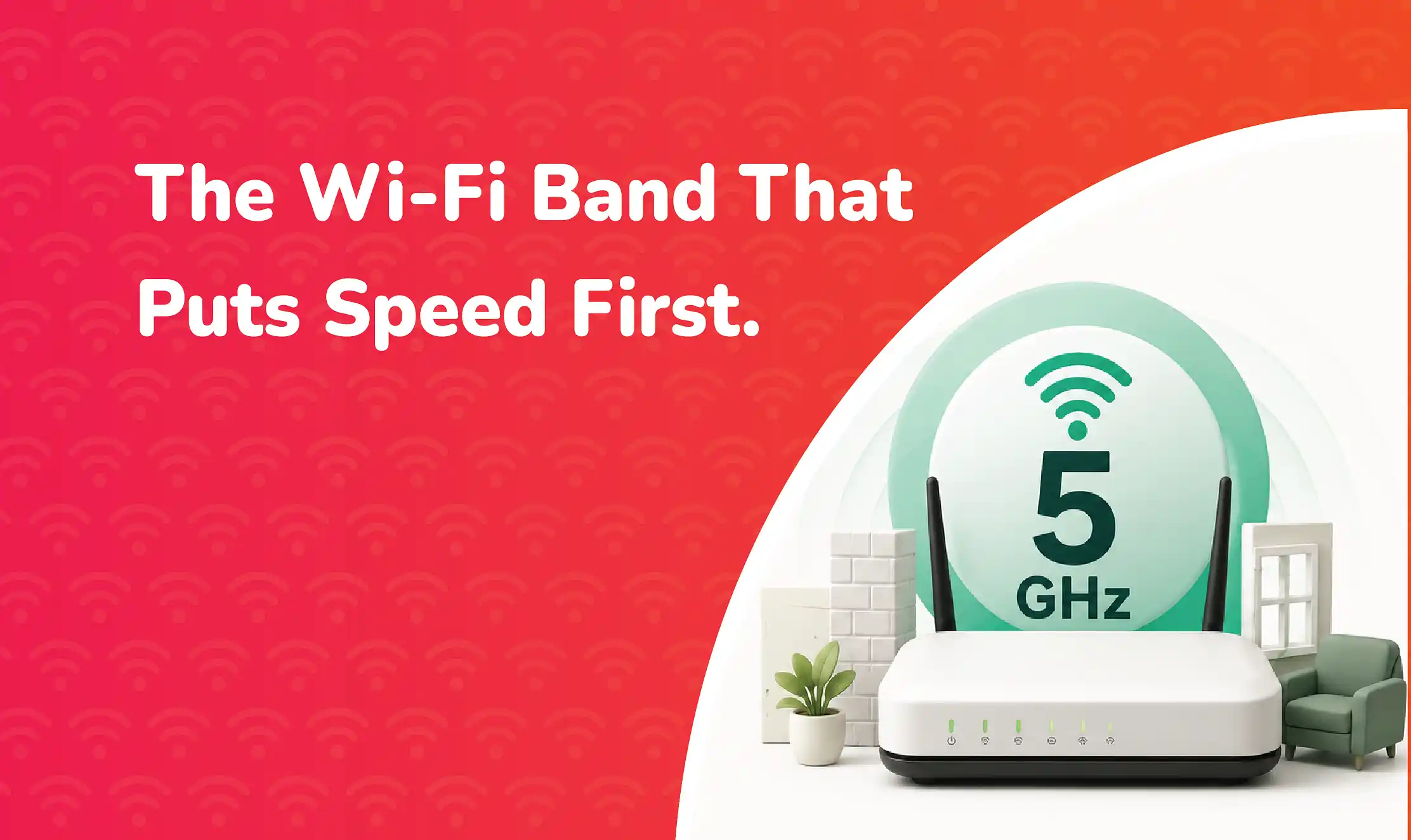 5GHz Illustration of a 5GHz Wi-Fi router showing high-speed wireless connectivity for streaming, gaming, video calls, and modern home internet use.