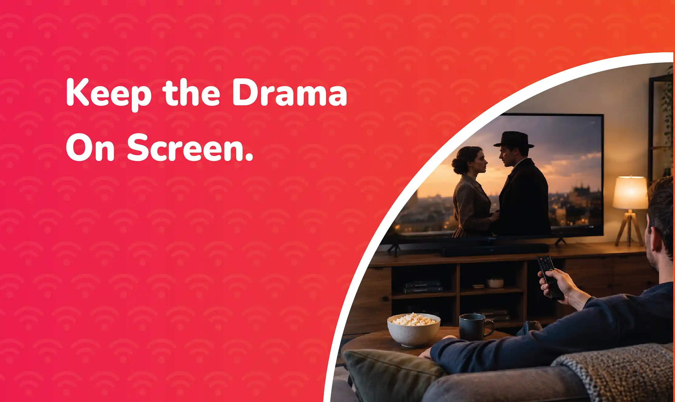 Broadband Speeds for TV Person relaxing on a sofa and watching a TV show in a modern living room, illustrating a smooth streaming experience supported by fast broadband.