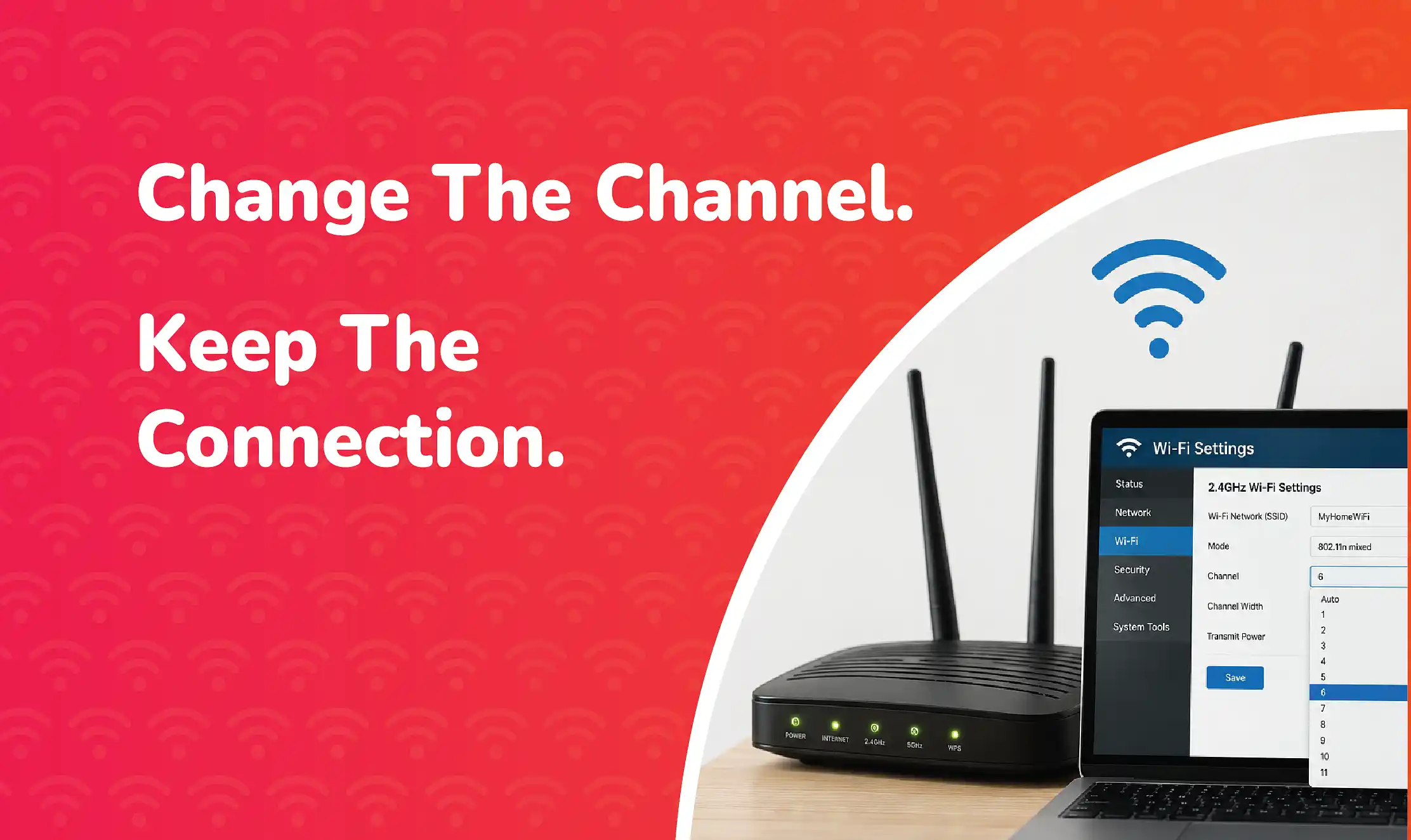 Wi-Fi router beside a laptop displaying wireless settings with the channel selection menu open, illustrating how to change a Wi-Fi channel to reduce interference and improve network performance.