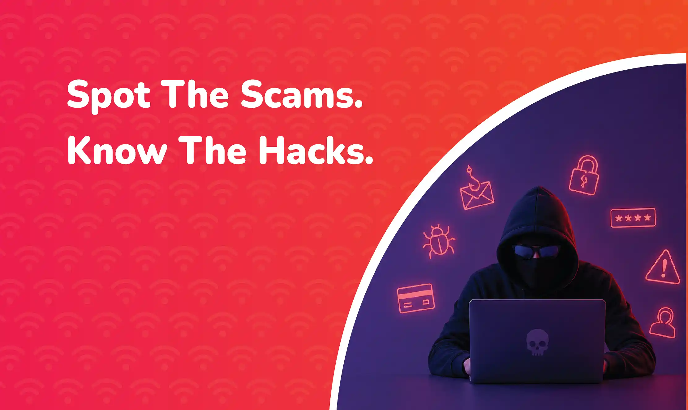 Cyber Threats Hooded cybercriminal using a laptop surrounded by phishing, password and security warning icons against a purple background.