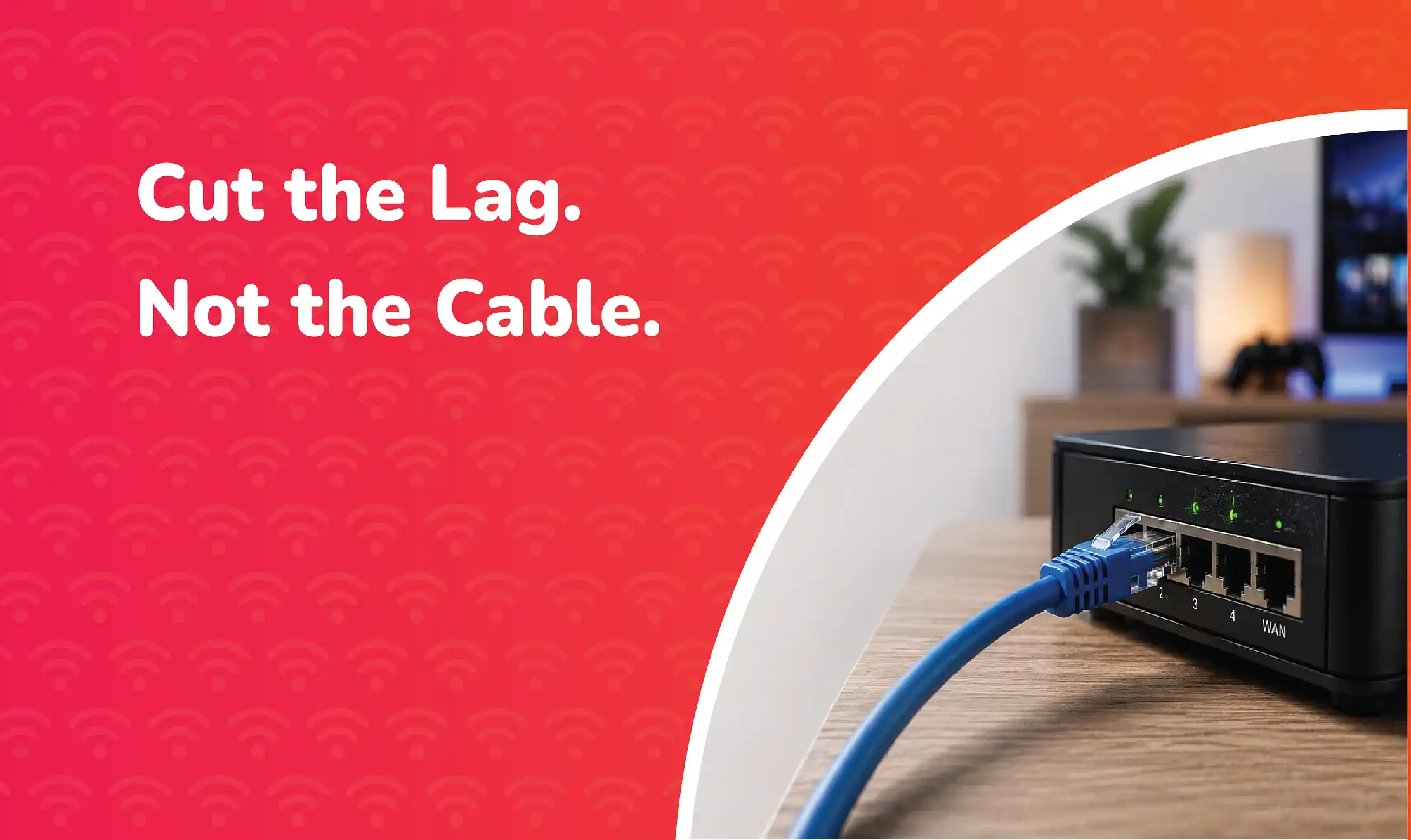 Ethernet Close-up of an Ethernet cable connected to a broadband router, illustrating a wired internet connection for faster speeds, lower latency and greater reliability.