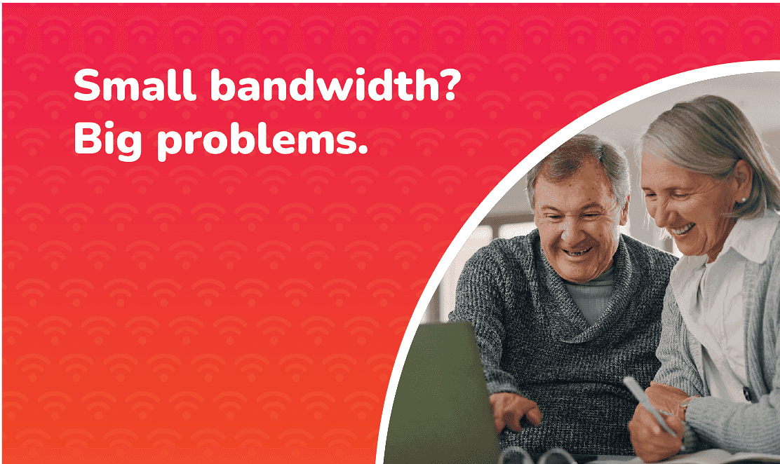 Elderly couple using a laptop at home with the text Small bandwidth? Big problems. Fusion Fibre Group highlights the importance of broadband bandwidth for reliable internet in the UK.
