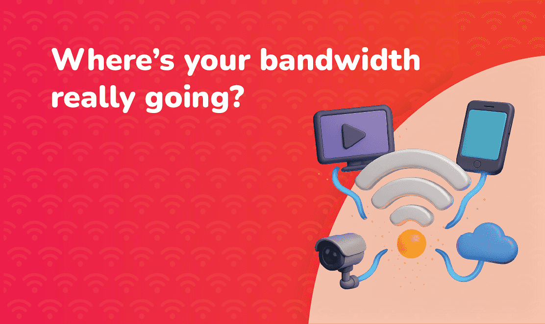 3D illustration of Wi-Fi symbol connected to a smartphone, TV, security camera, and cloud icon, representing broadband bandwidth usage. Text reads “Where’s your bandwidth really going?” with Fusion Fibre Group brand colours