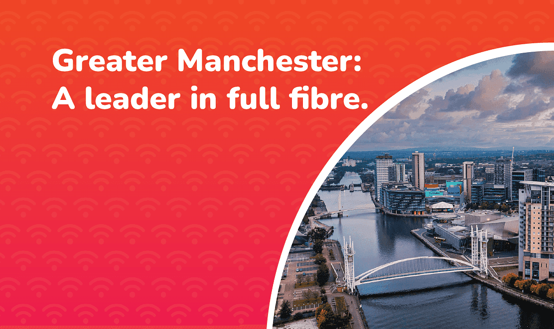 Graphic promoting broadband coverage in Greater Manchester, showing the Salford Quays skyline with MediaCityUK buildings and text reading ‘Greater Manchester: A leader in full fibre.’