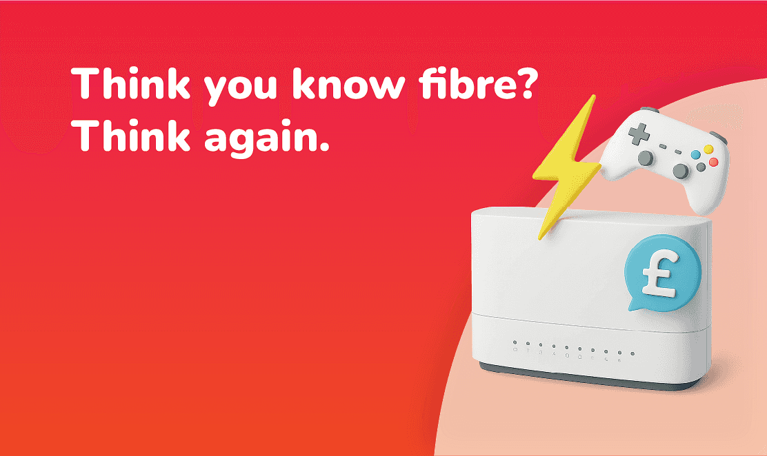 3D icon showing a white fibre‑broadband router with green LEDs, a glowing lightning bolt emerging, a game console controller and a speech bubble with a pound sign — on a transparent background.