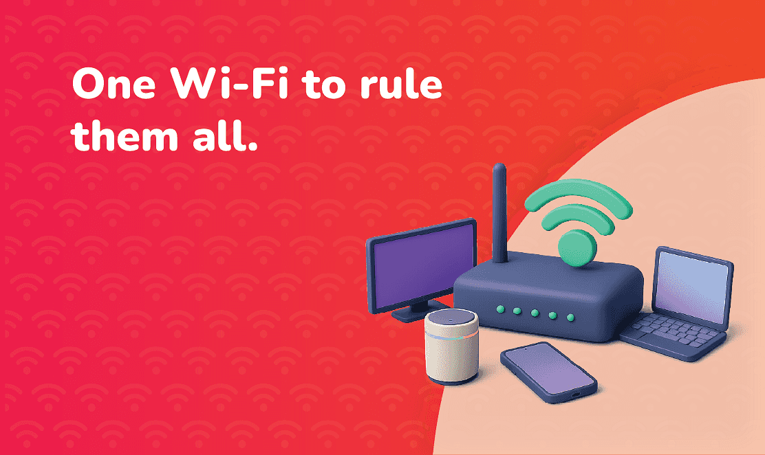 One Wi-Fi to rule them all graphic – 3D router with glowing signal icon connected to laptop, smartphone, smart speaker, and monitor, representing broadband for multiple devices in UK homes.