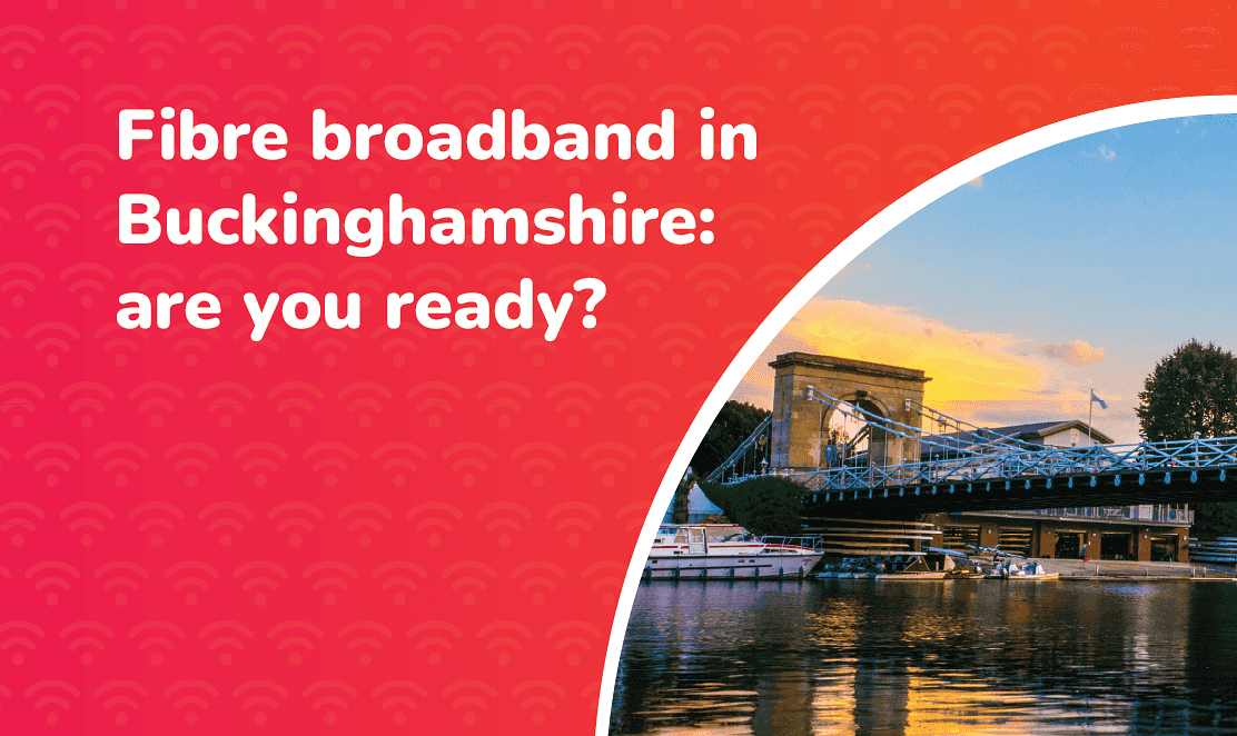 Fusion Fibre Group promoting full fibre broadband in Buckinghamshire with scenic view of Marlow Bridge at sunset, highlighting ultrafast internet rollout across the county.