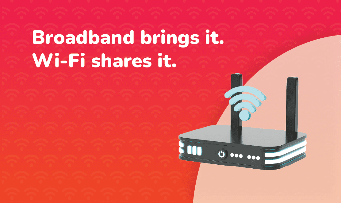 Broadband vs Wi-Fi graphic showing a router with signal icon and the text Broadband brings it, Wi-Fi shares it — Fusion Fibre Group explains the difference.
