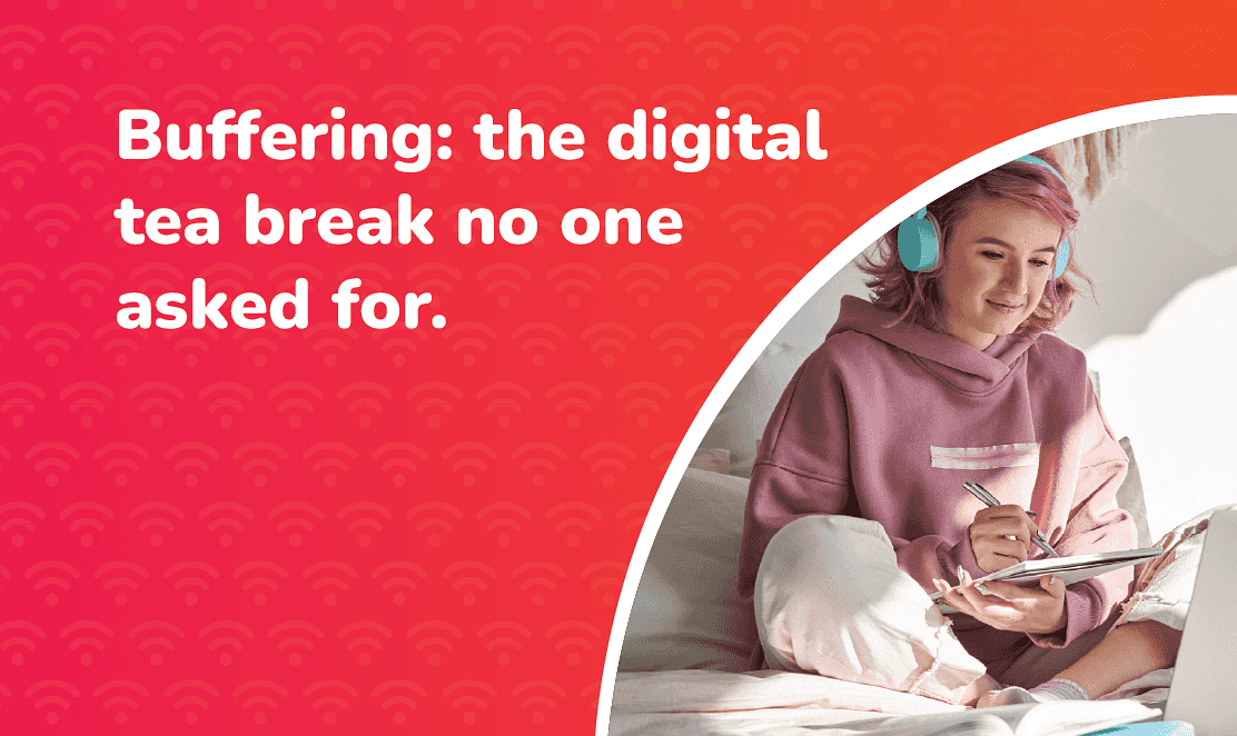 Young woman streaming on laptop with headphones — Fusion Fibre Group visual highlighting buffering issues and need for faster full fibre broadband UK.