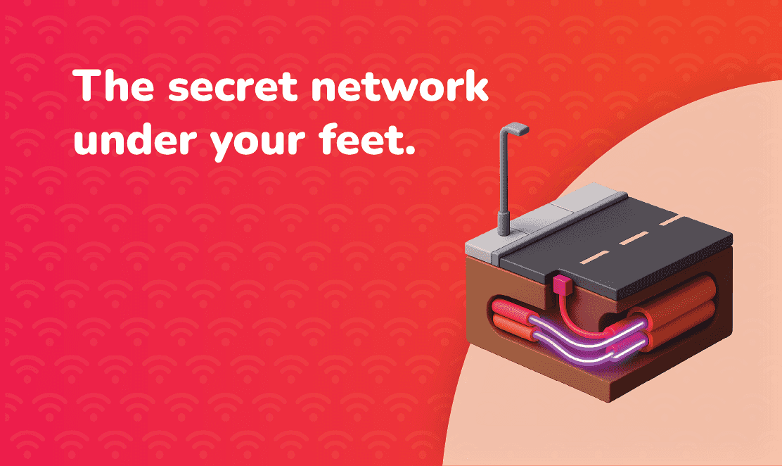 How Fibre Broadband Works Under Your Street | Fusion Fibre Group  3D illustration showing underground fibre optic cables beneath a UK street with glowing lines and a streetlamp above, symbolising full fibre broadband infrastructure under the road. Text reads “The secret network under your feet.”