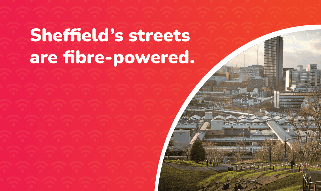 Sheffield city skyline with the text “Sheffield’s streets are fibre-powered” promoting full fibre broadband availability in Sheffield.