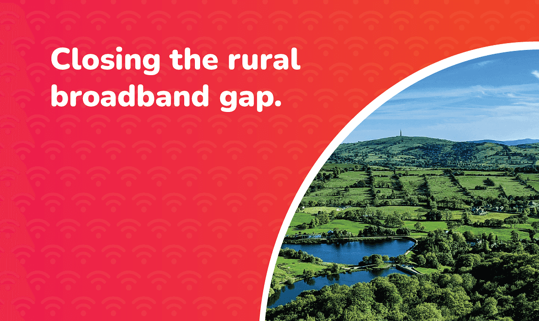 A scenic view of the UK countryside with the text “Closing the rural broadband gap,” representing Fusion Fibre Group’s mission to expand full fibre broadband coverage to rural areas across the UK.