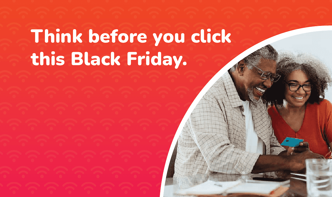 Smiling couple shopping online safely using a laptop and credit card at home, with the text “Think before you click this Black Friday.” promoting Fusion Fibre Group’s online safety and broadband security tips.