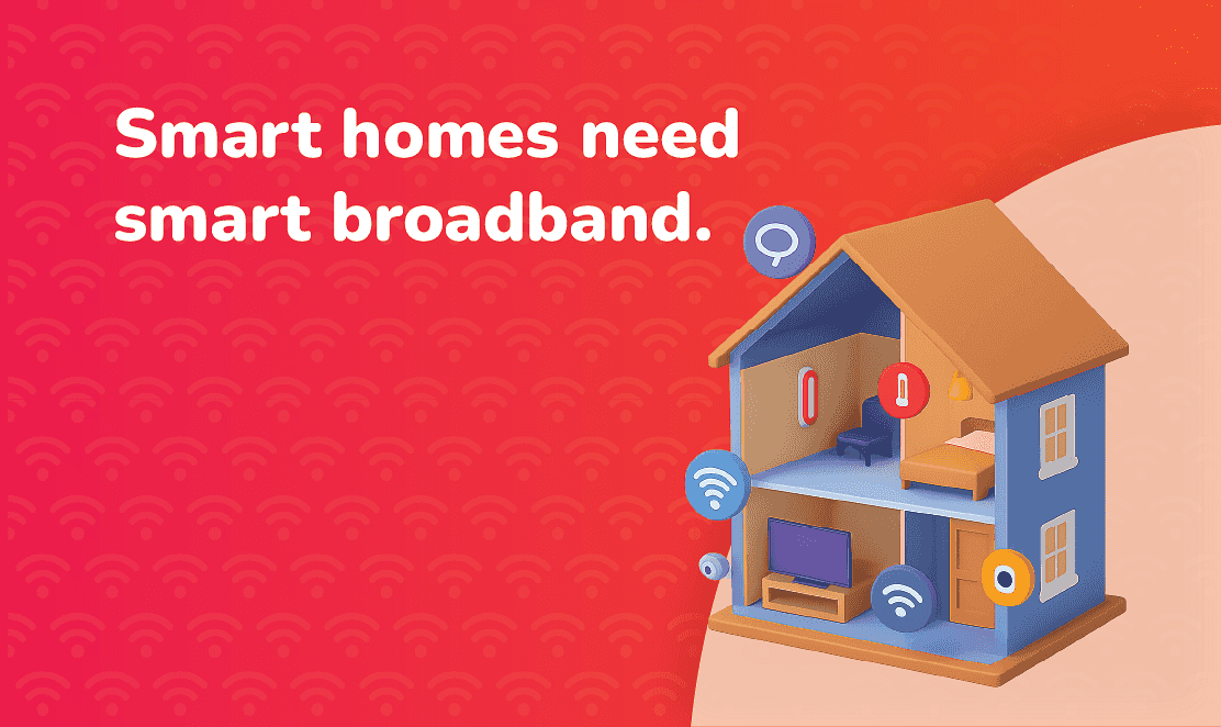 Smart homes need smart broadband graphic – 3D house illustration with icons for Wi-Fi, temperature, lighting and devices, promoting full fibre broadband for UK households.