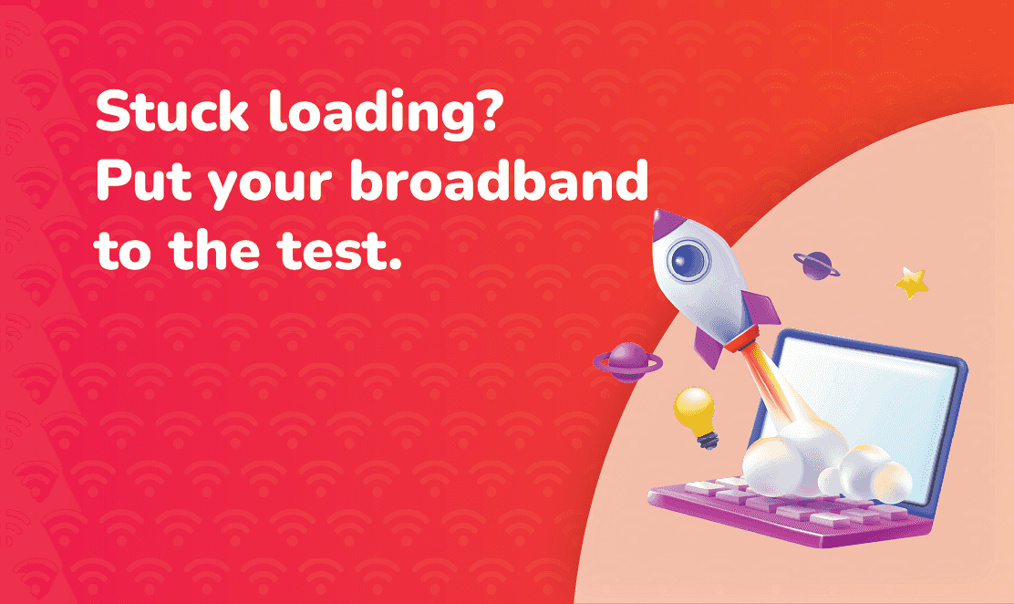 A 3D rocket launching from a laptop keyboard with planets and stars around it, symbolising fast internet speeds, alongside the text “Stuck loading? Put your broadband to the test.” promoting Fusion Fibre Group’s UK broadband speed test tool.