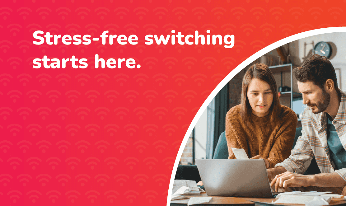 Stress-free broadband switching starts here – couple reviewing bills and using a laptop, promoting Fusion Fibre Group’s easy guide to switching broadband providers in the UK.