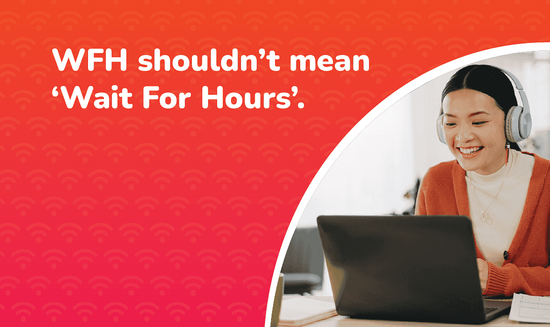 Fusion Fibre Group broadband for working from home – smiling woman on video call with fast, reliable full fibre internet connection.