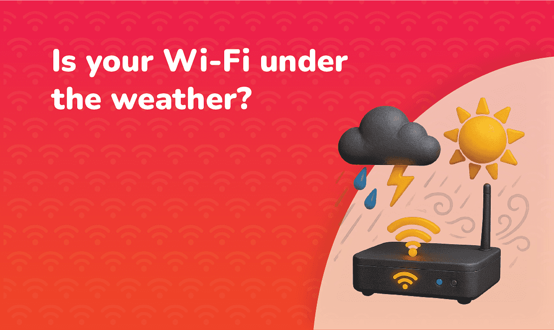 How Does the Weather Impact Your Broadband? 3D illustration of a Wi-Fi router with weather icons including sun, rain, and lightning, symbolising how weather can affect broadband performance. Text reads “Is your Wi-Fi under the weather?” from Fusion Fibre Group.