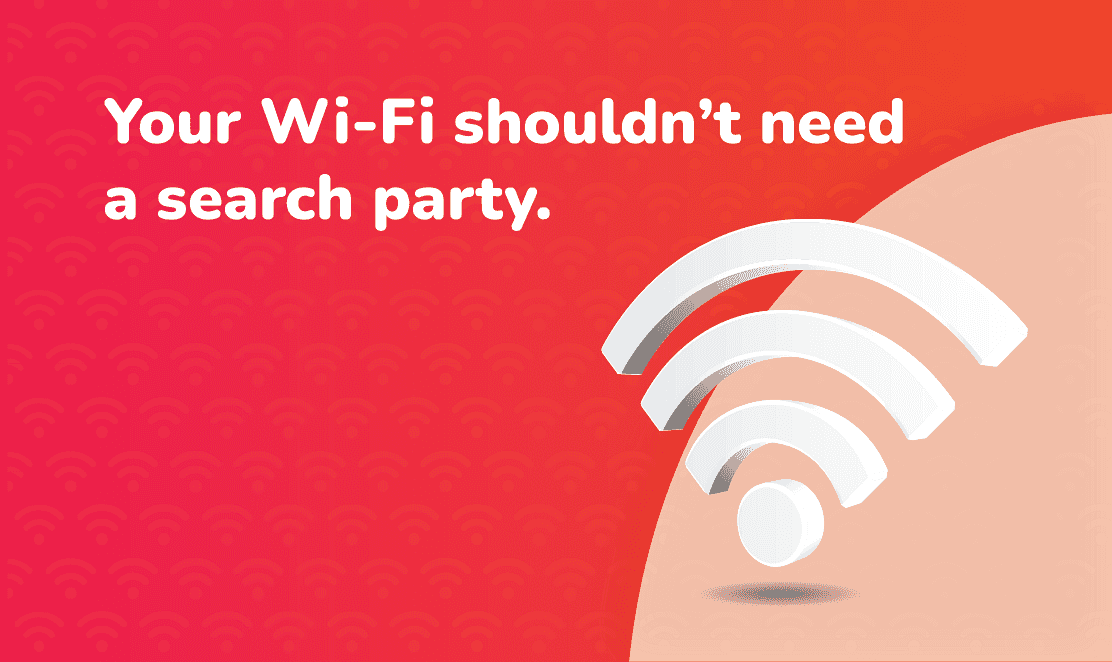 Your Wi-Fi shouldn’t need a search party" graphic with Wi-Fi icon – Fusion Fibre Group article on what blocks Wi-Fi signals and how to fix weak broadband connection.
