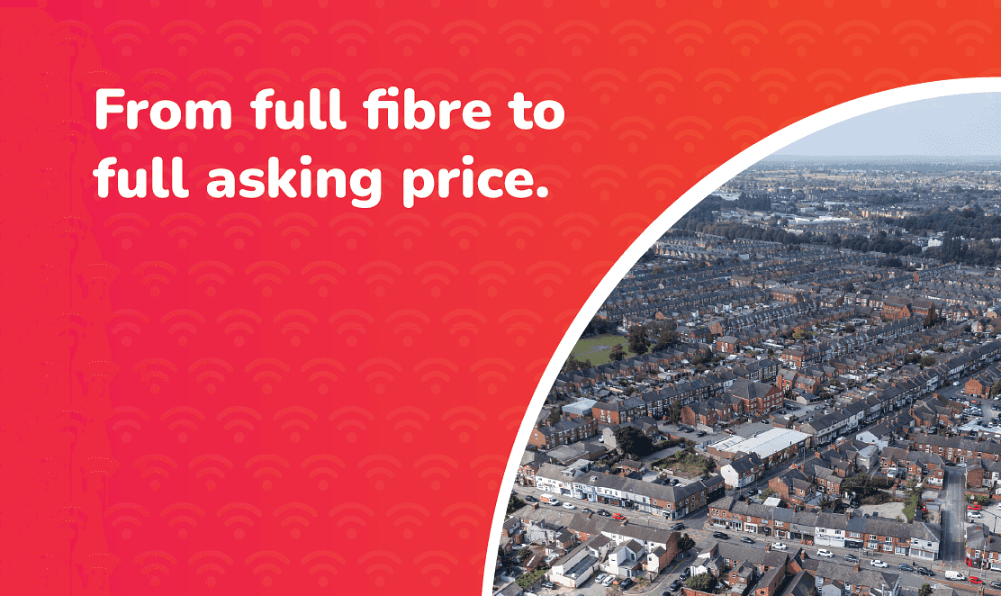 Aerial view of homes in Greater Manchester with Fusion Fibre Group branding and the tagline “From full fibre to full asking price,” highlighting how fast broadband can increase property value in 2025.