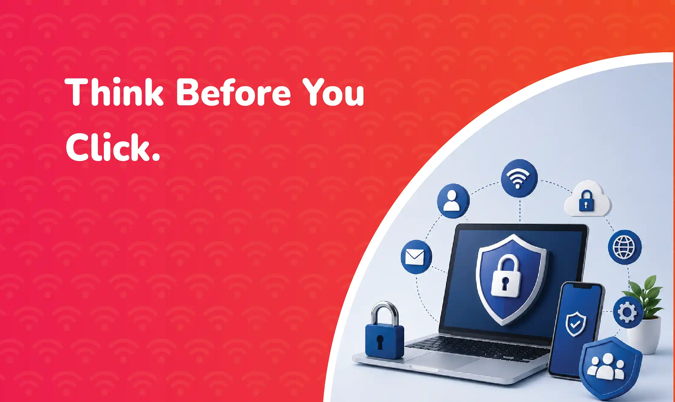 Internet Safety Illustration of a laptop displaying a security shield and padlock, surrounded by cybersecurity icons including secure cloud storage, Wi-Fi, user accounts and network protection symbols, representing internet safety and online security.