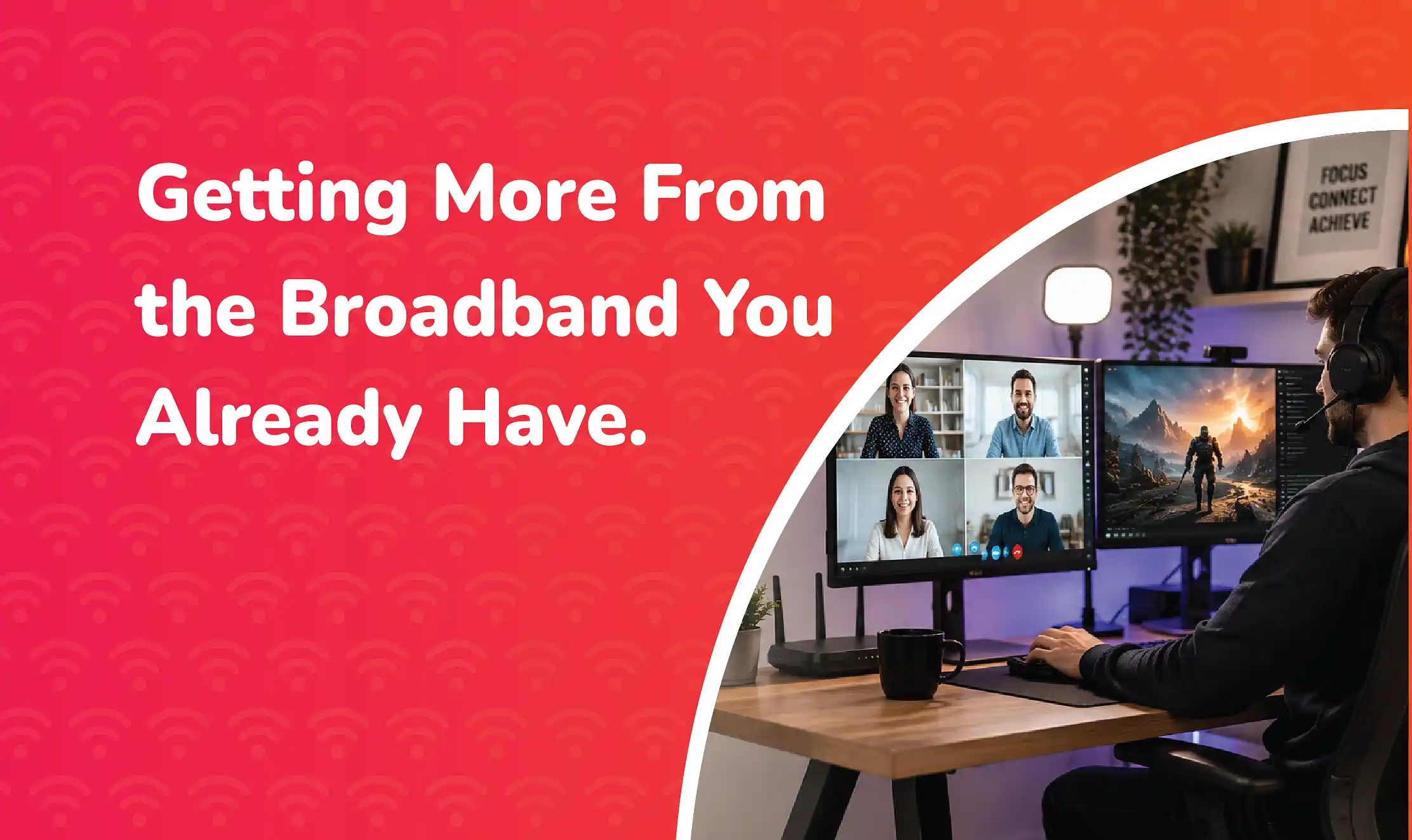 MTU Person working at a dual-monitor home office setup with a video call and online activity displayed on screen, illustrating a smooth and reliable broadband connection.