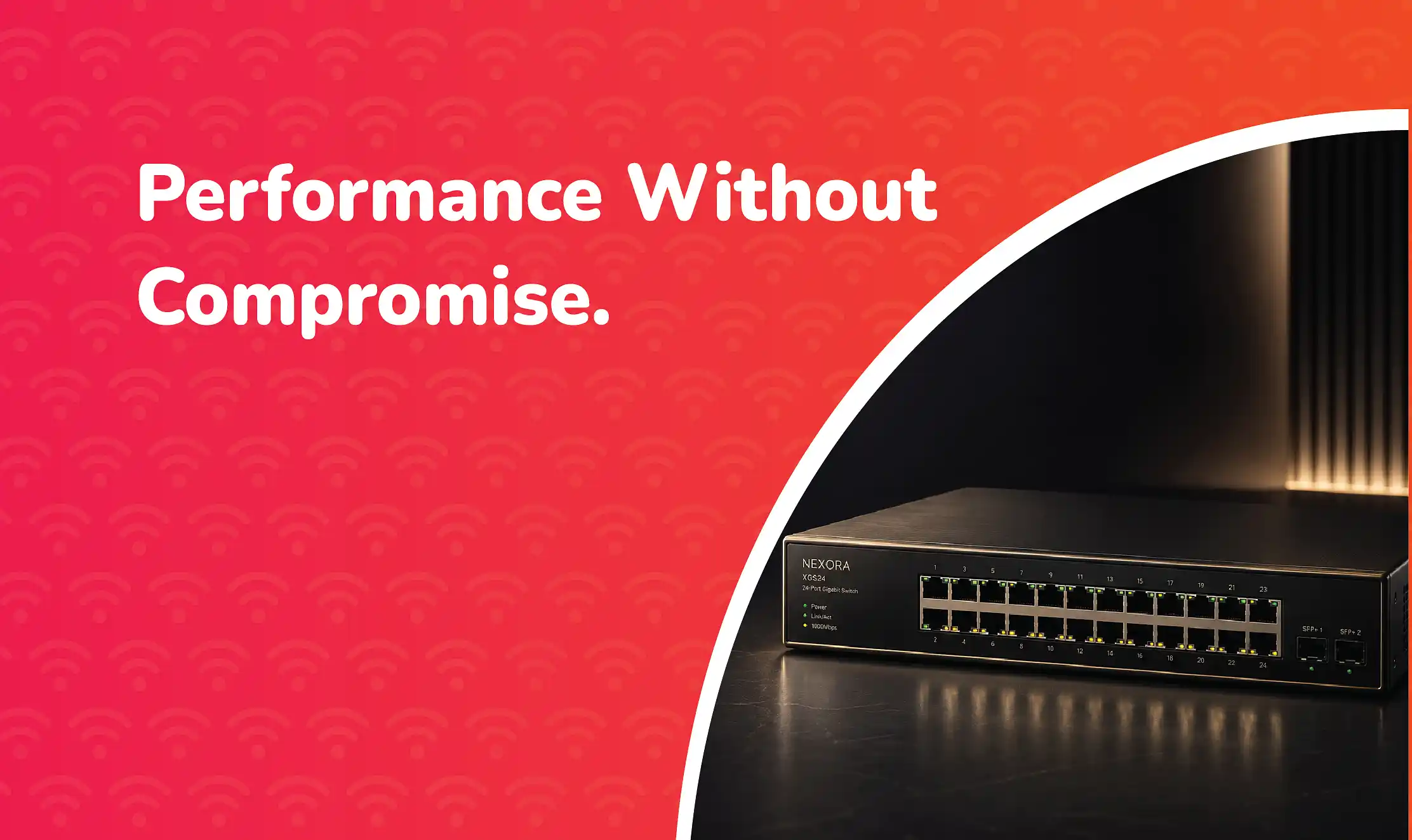 A premium black 24-port network switch on a dark reflective surface with subtle gold lighting, positioned to the right against a minimalist black background, representing high-performance broadband networking.