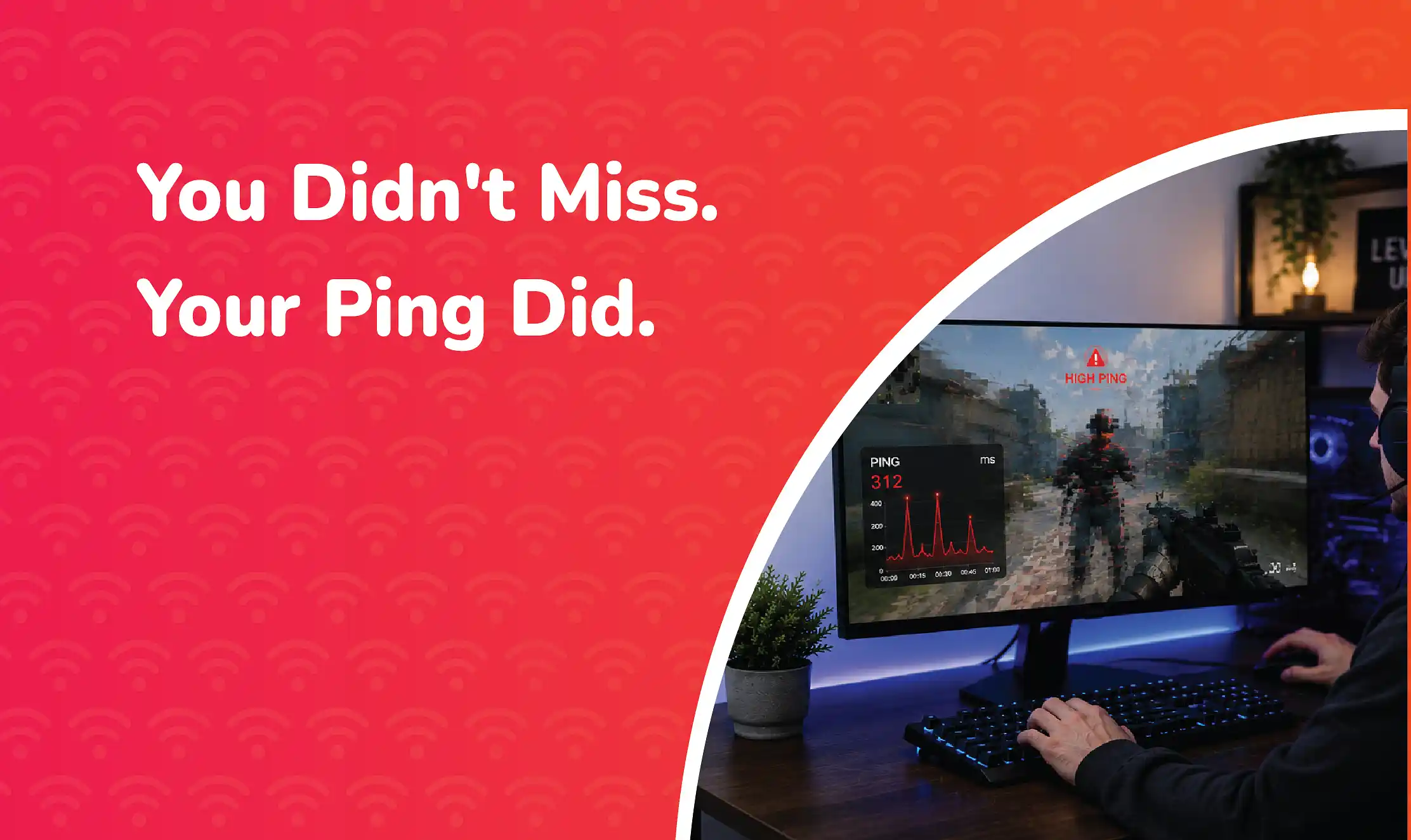 Ping Spikes Gamer experiencing high ping spikes during an online game, with a lagging and distorted screen illustrating sudden network latency issues.