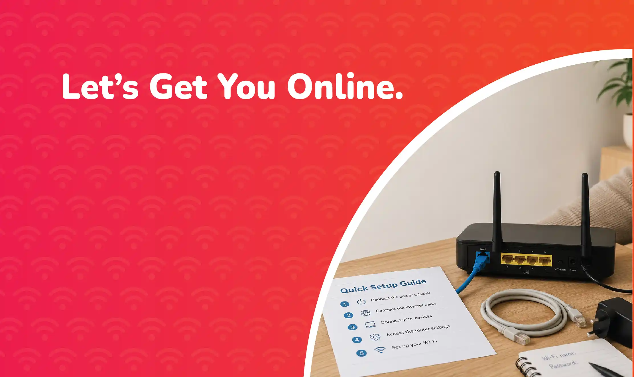 A Wi-Fi router on a wooden desk with the power and internet cables connected, alongside a printed setup guide, Ethernet cable, and power adapter, illustrating the process of setting up a new router.