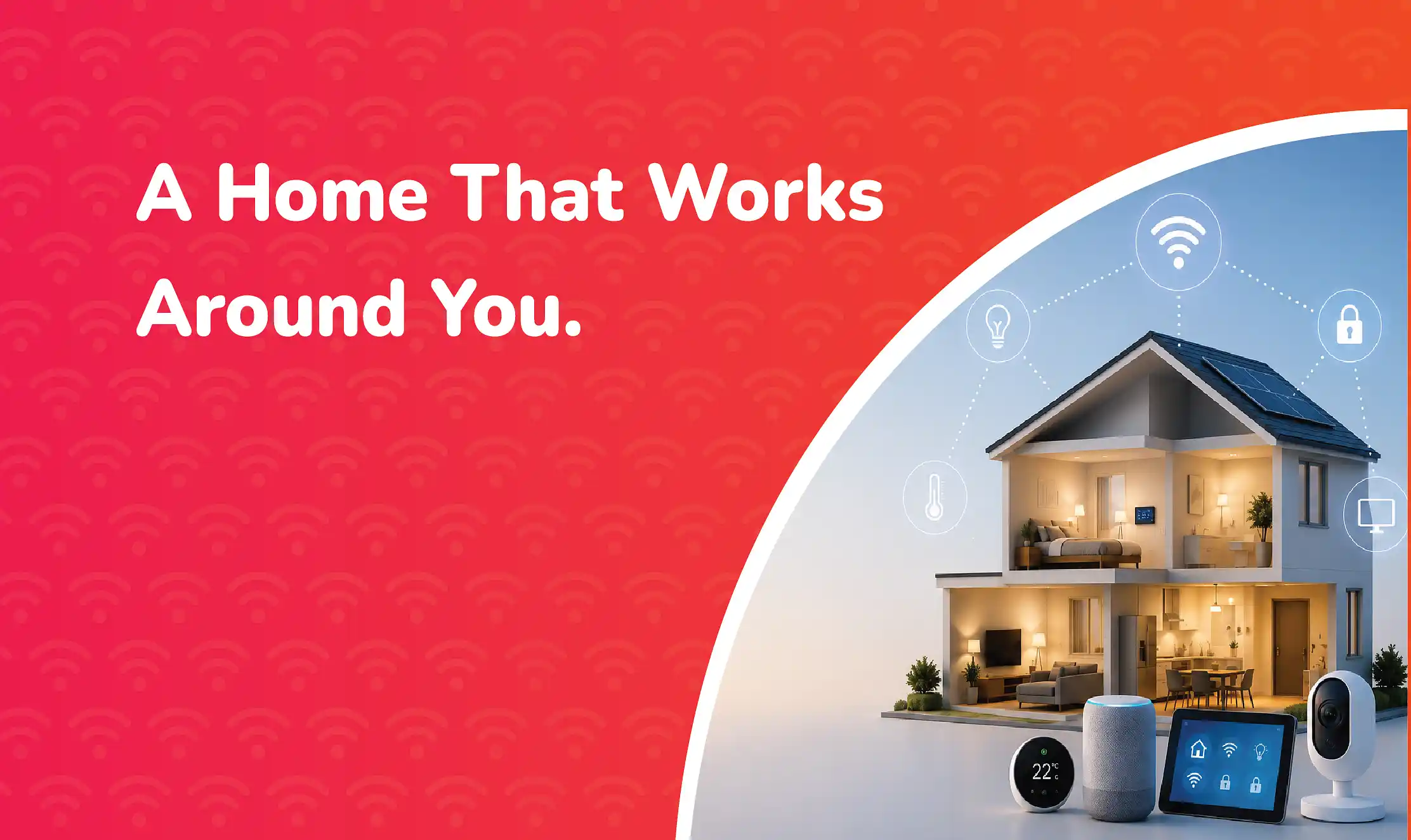 Smart Home Cross-section of a modern smart home connected to multiple smart devices, including a thermostat, smart speaker, security camera and control tablet, illustrating home automation and connected living.