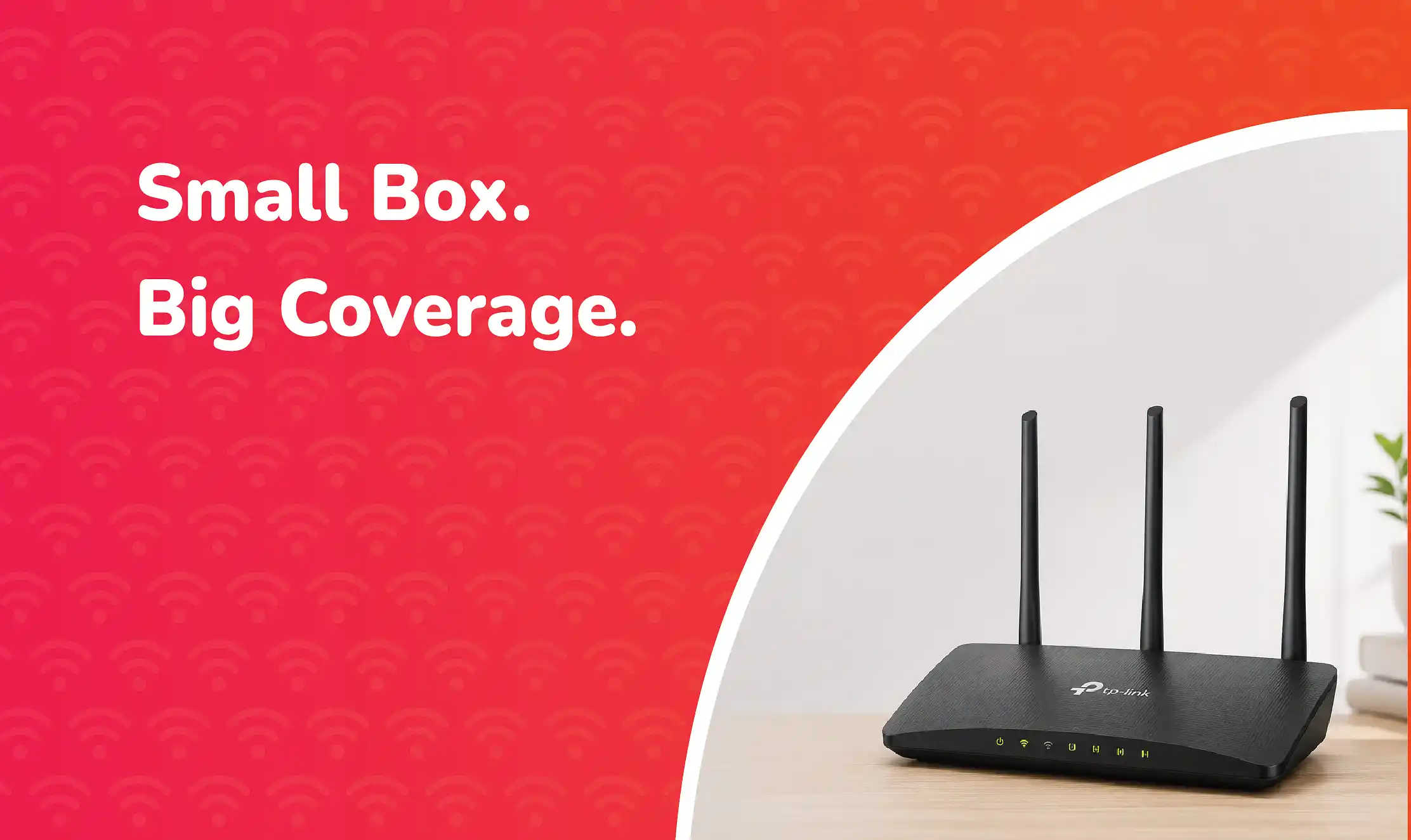 TP-Link Wi-Fi router with three antennas positioned on the right side of a wooden desk, featuring a clean minimalist background.