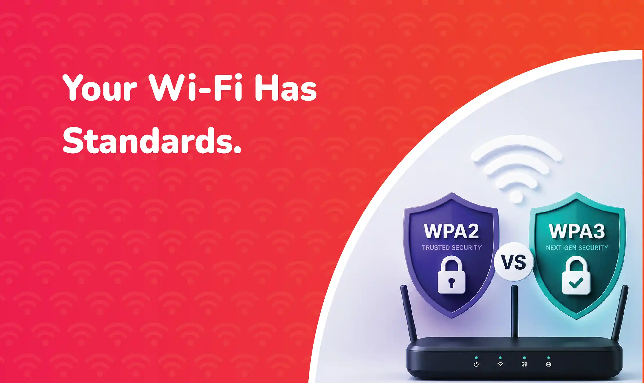 llustration comparing WPA2 and WPA3 WiFi security standards, featuring a router and security shields representing trusted and next-generation wireless network protection.