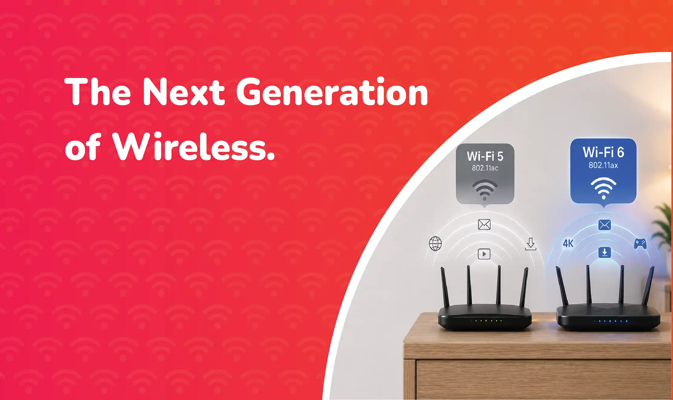 Wi-Fi 5 and Wi-Fi 6 Comparison of Wi-Fi 5 and Wi-Fi 6 routers, illustrating the evolution of wireless networking technology and improved performance for modern connected devices.