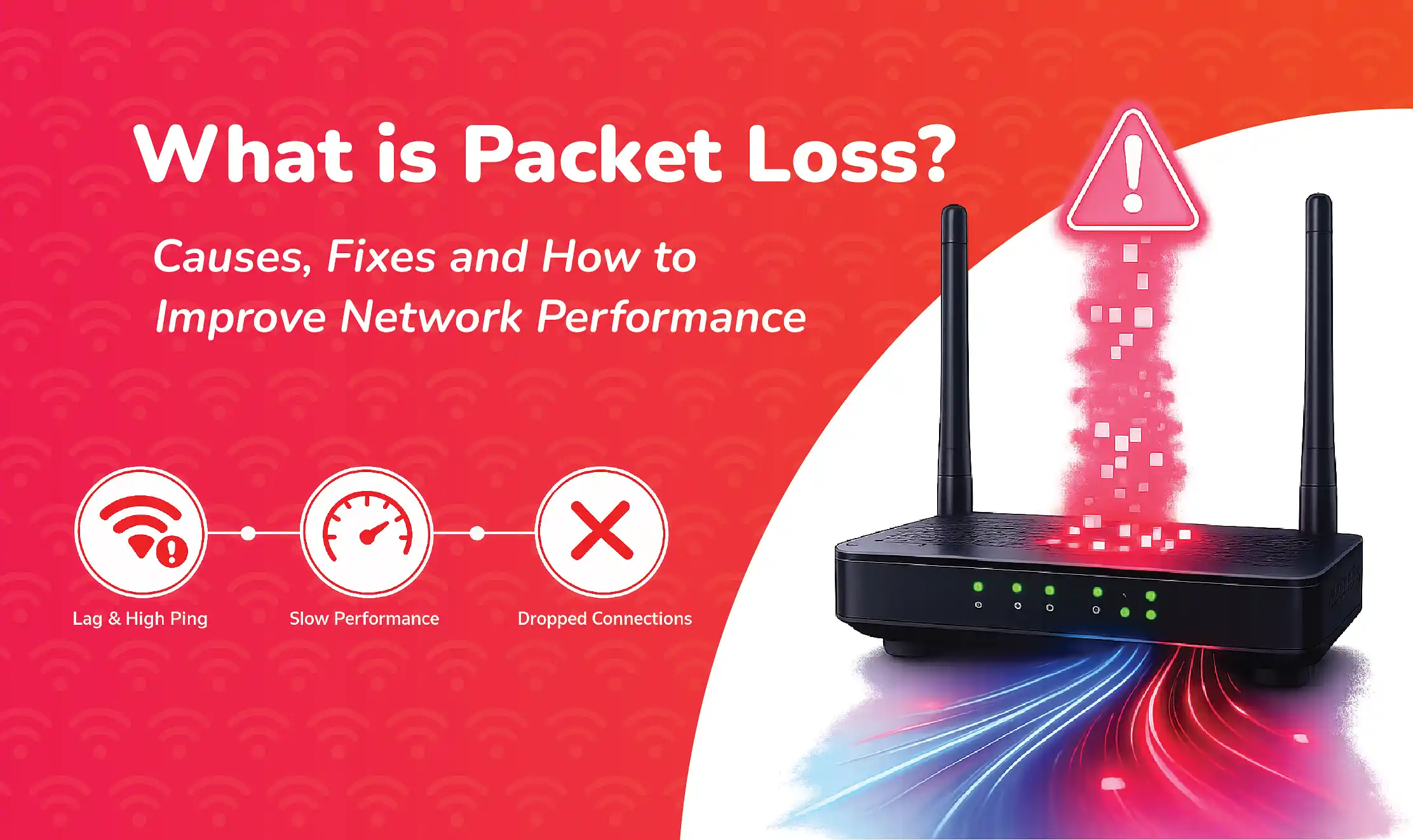 Illustration of a wireless router with warning symbol and disrupted data streams, representing packet loss and its impact on internet performance, gaming, streaming, and video calls.