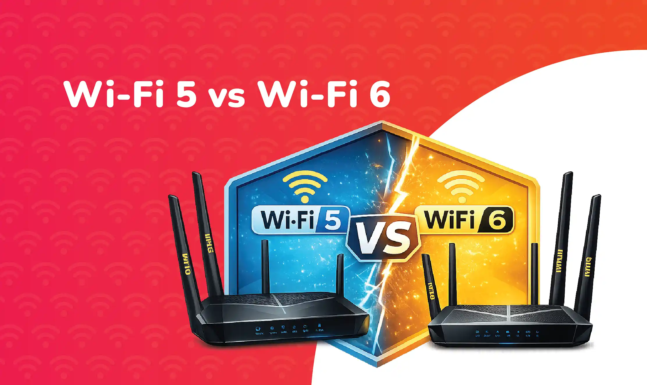 Infographic comparing Wi-Fi 5 and Wi-Fi 6 routers, featuring a split blue and gold design with a central “VS” symbol, highlighting differences between the two wireless networking standards.