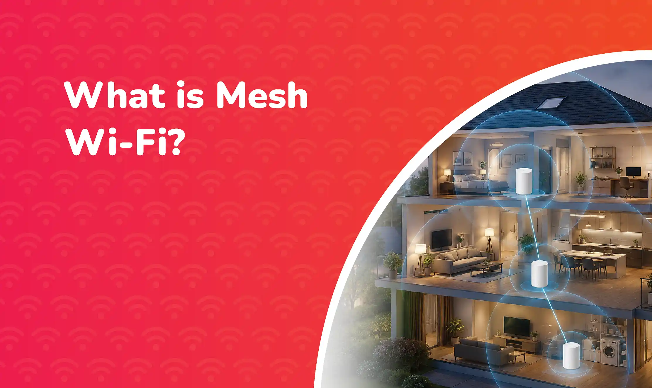 What Is Mesh Wi-Fi blog cover featuring a smart home with interconnected Mesh Wi-Fi access points providing seamless wireless coverage across multiple floors and rooms.