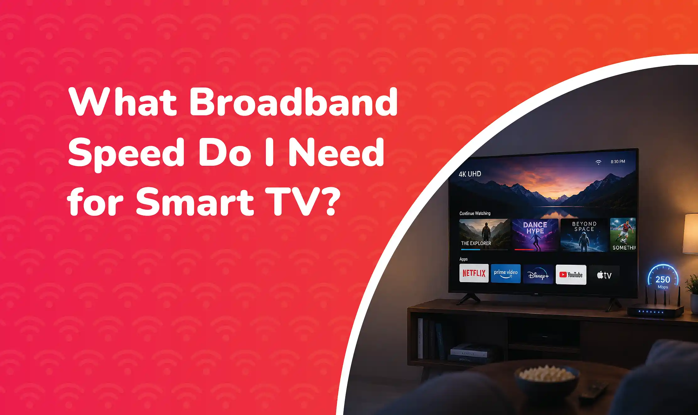 Smart TV streaming 4K content in a modern living room with a broadband router and speed indicator, demonstrating the internet speeds needed for buffer-free HD and 4K streaming.
