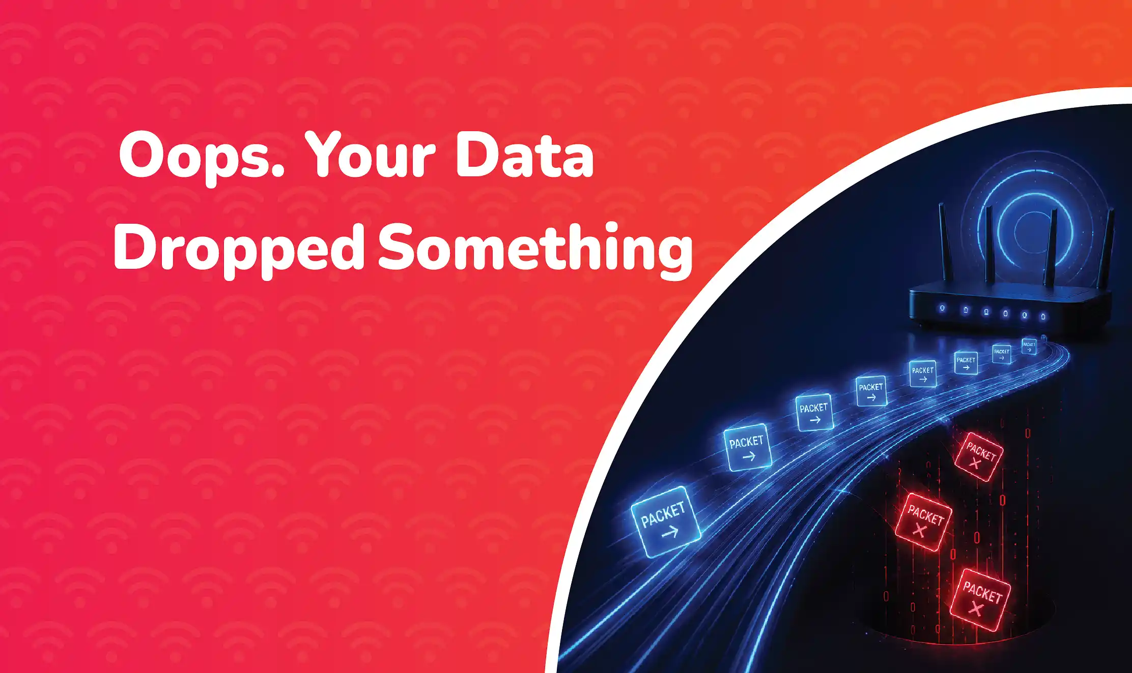 What Is Packet Loss? Understanding Missing Data on Your Network Blog cover image illustrating packet loss, with data packets travelling towards a WiFi router while several packets fall away from the transmission path, representing lost network data and connection issues.