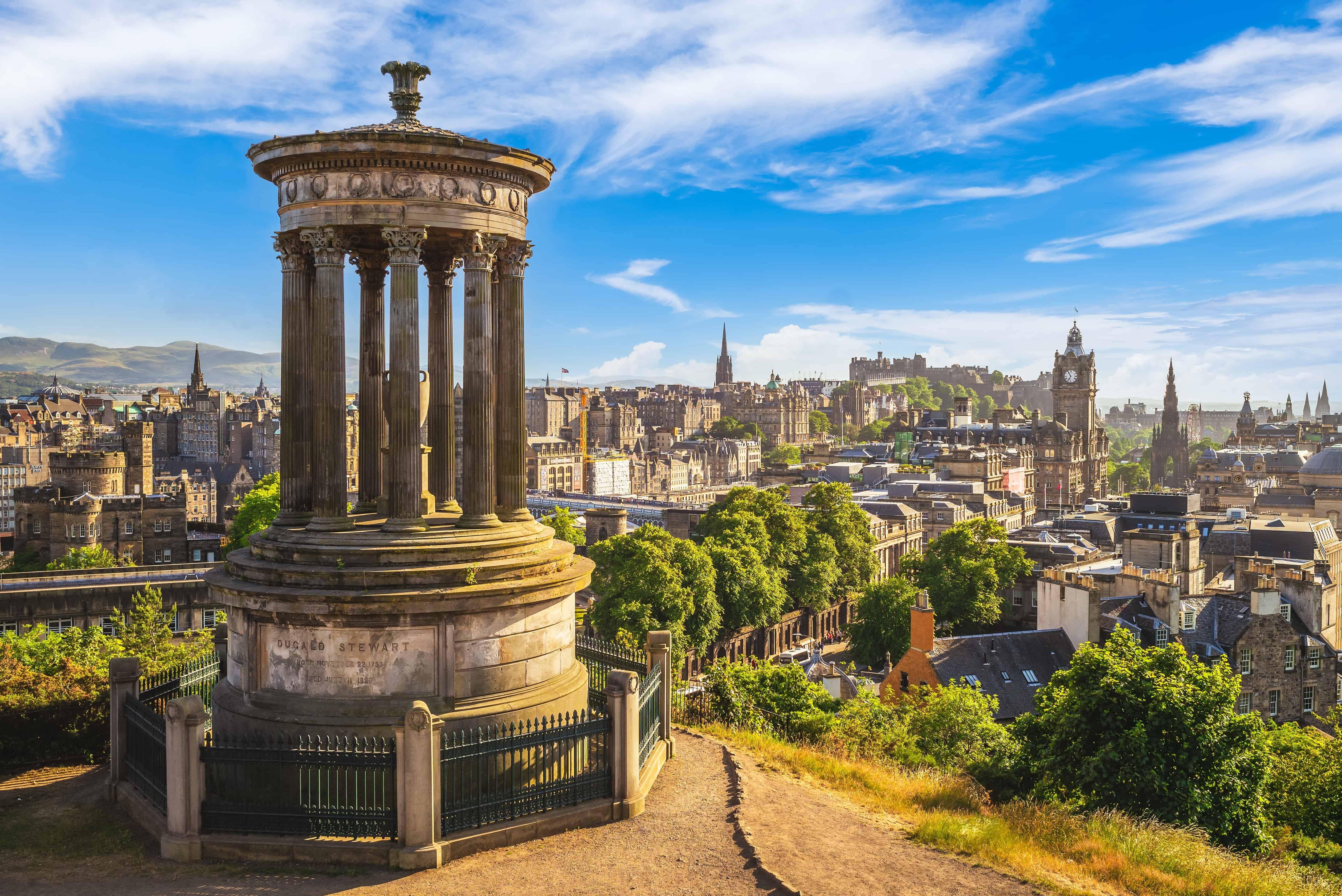 View of Edinburgh city skyline from Calton Hill with the Dugald Stewart Monument, highlighting the historic capital where Fusion Fibre Group provides ultrafast full fibre broadband.