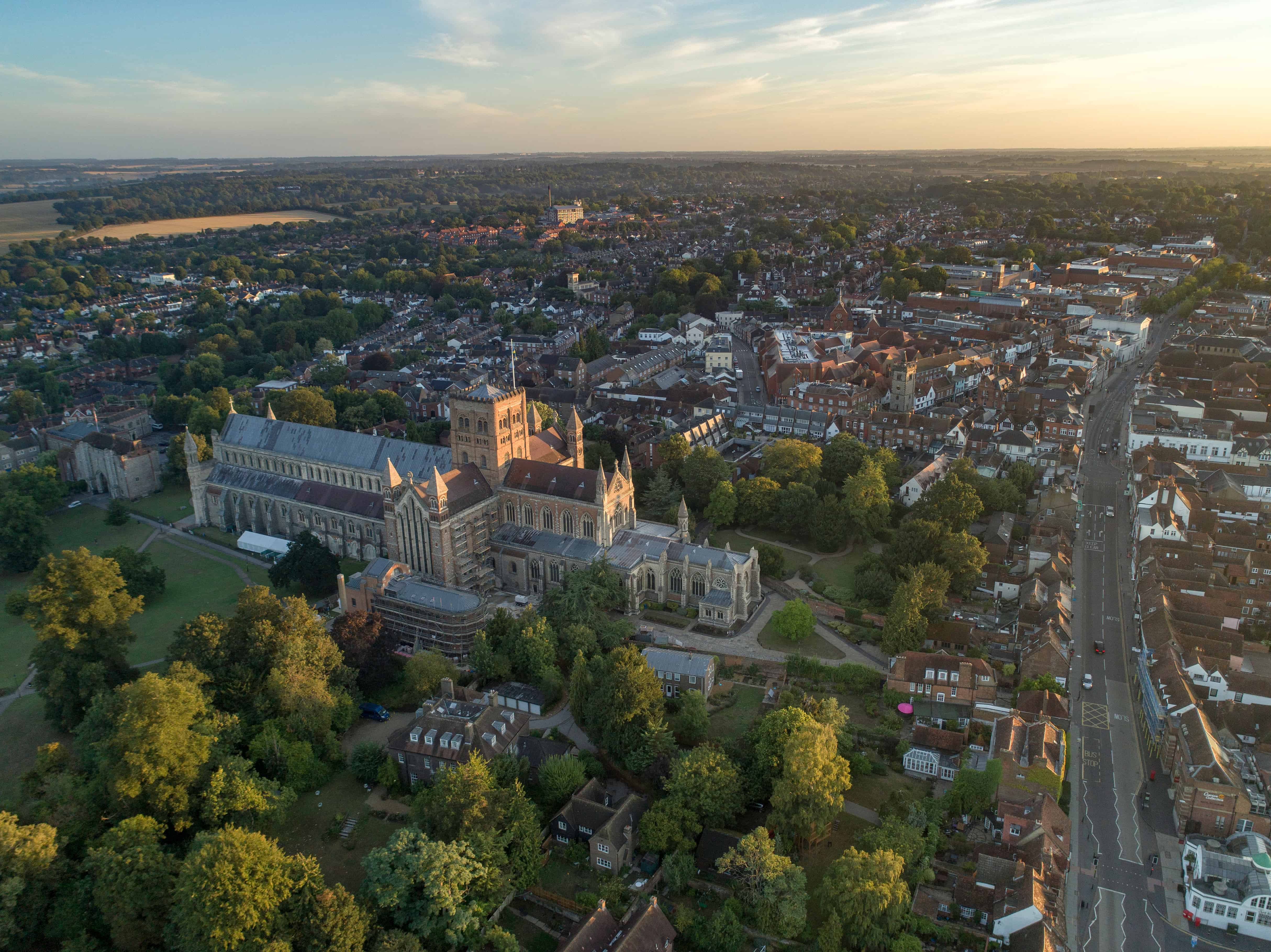 Aerial view of St Albans Cathedral and historic cityscape in Hertfordshire, highlighting the blend of heritage and modern living — Fusion Fibre Group full fibre broadband in Hertfordshire.