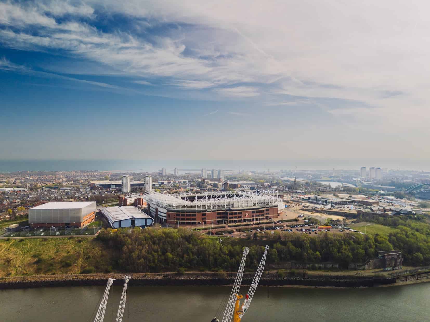 Aerial view of the Stadium of Light and Sunderland city – high-speed full fibre broadband in Sunderland, North East England by Fusion Fibre Group.